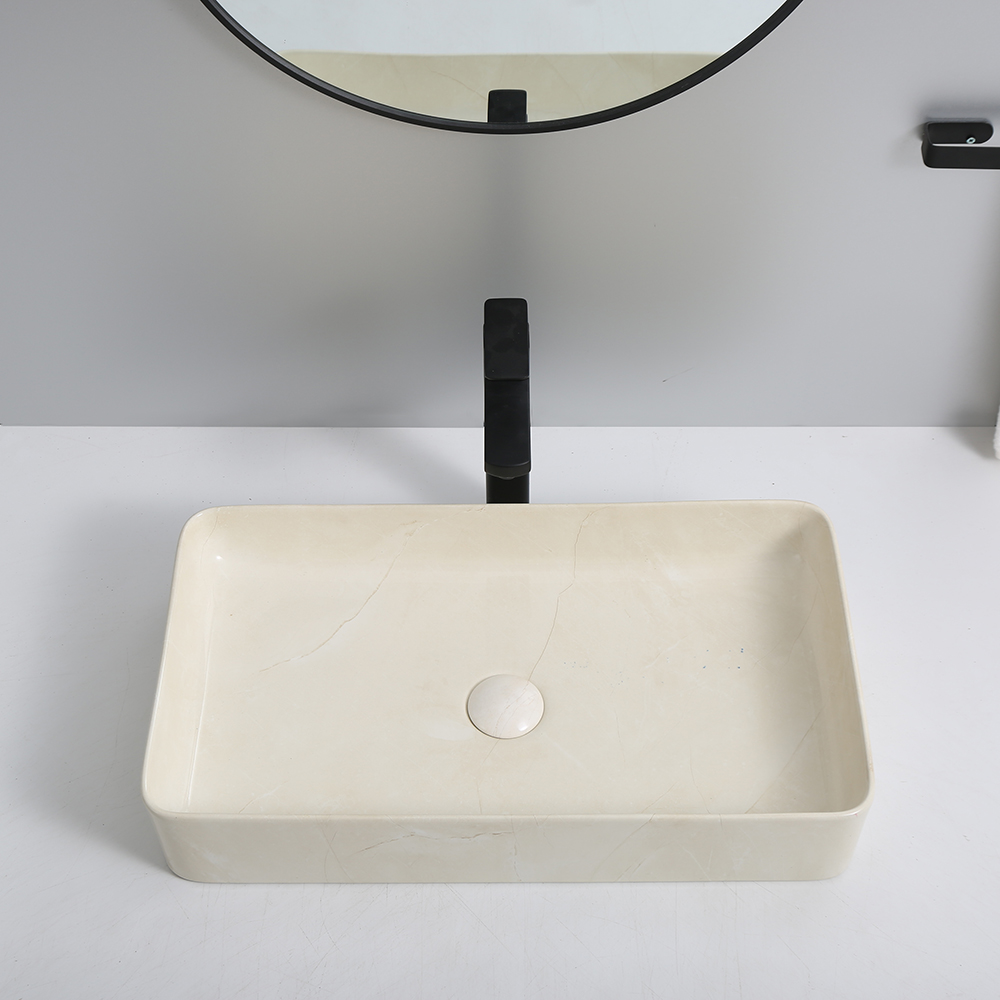 Modern Handmade Rectangular Shape Art Lavabo Above Counter Black Marble Bathroom Sink Countertop Ceramic Marble Wash Basin