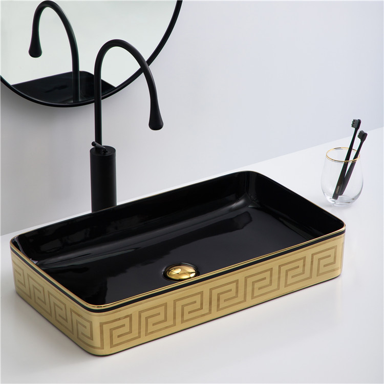 Luxury Gold Plated Lavabo Ceramic Vessel Sink Rectangular Face Hand Wash Basin Luxury Gold Bathroom Sink